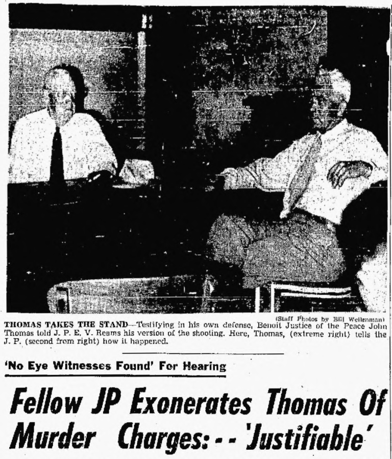 Above: E.V. Reams (left) hears testimony from Thomas (right) about the shooting, April 28, 1953, taken from the Delta Democrat-Times. Courtesy of the Burnham-Nobles Digital Archive.