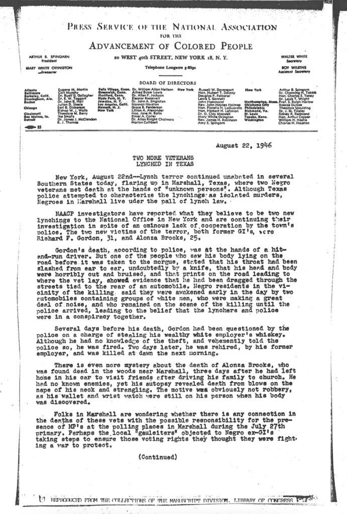 Organizational records by the NAACP. August 20, 1946. Courtesy of the Burnham-Nobles Digital Archive.