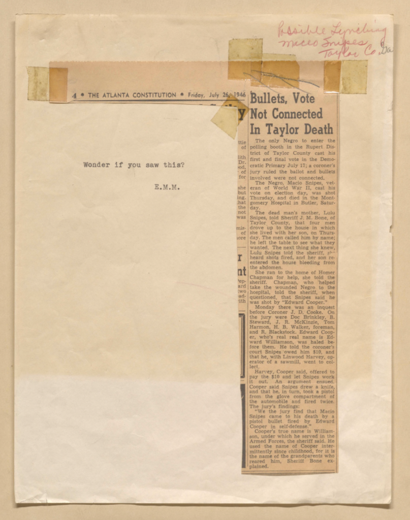 General office files from the NAACP: Macio Snipes, July 26, 1946. Courtesy of the Burnham-Nobles Digital Archive.